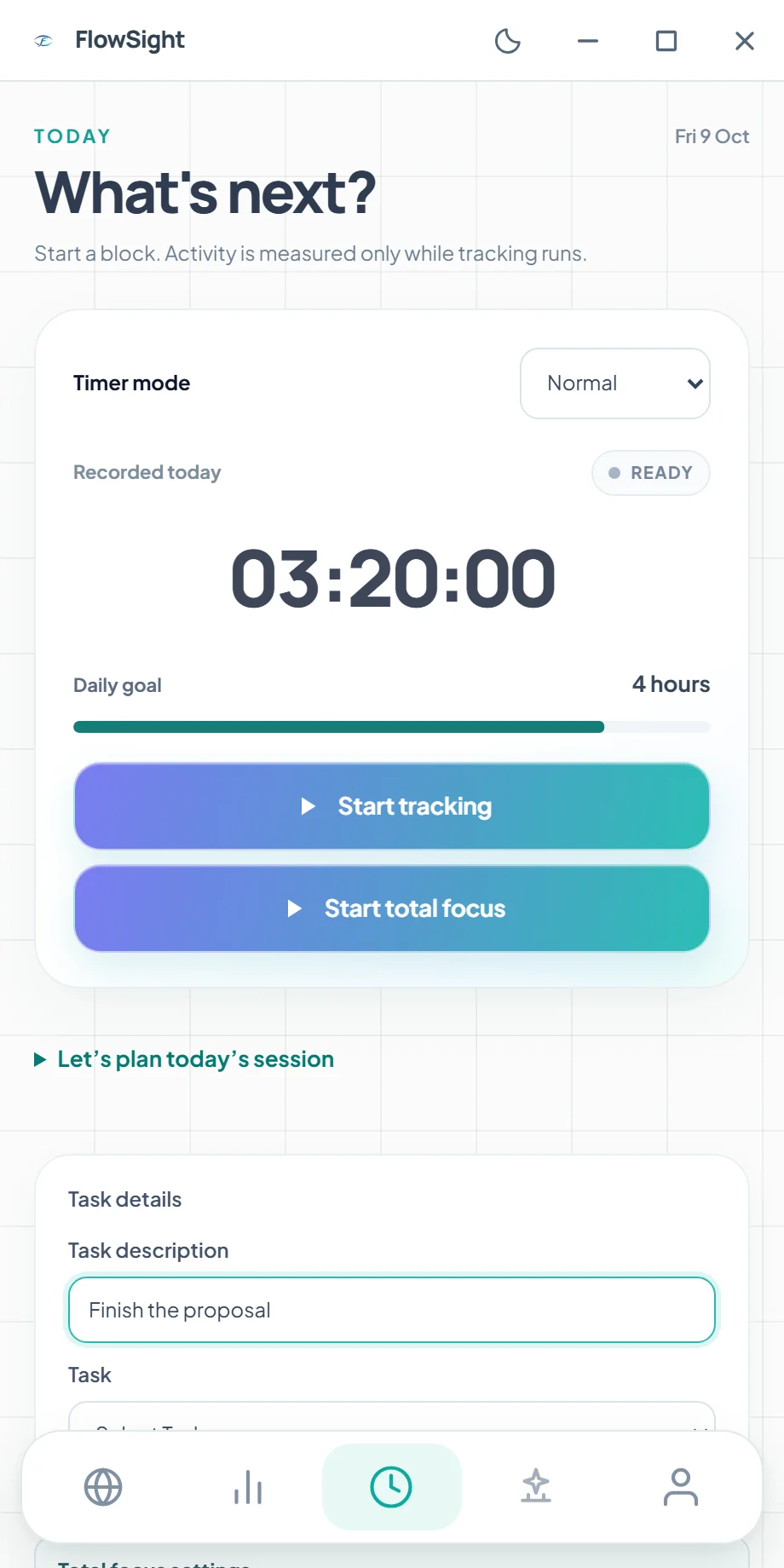 FlowSight Today screen with a day summary and demonstration activity